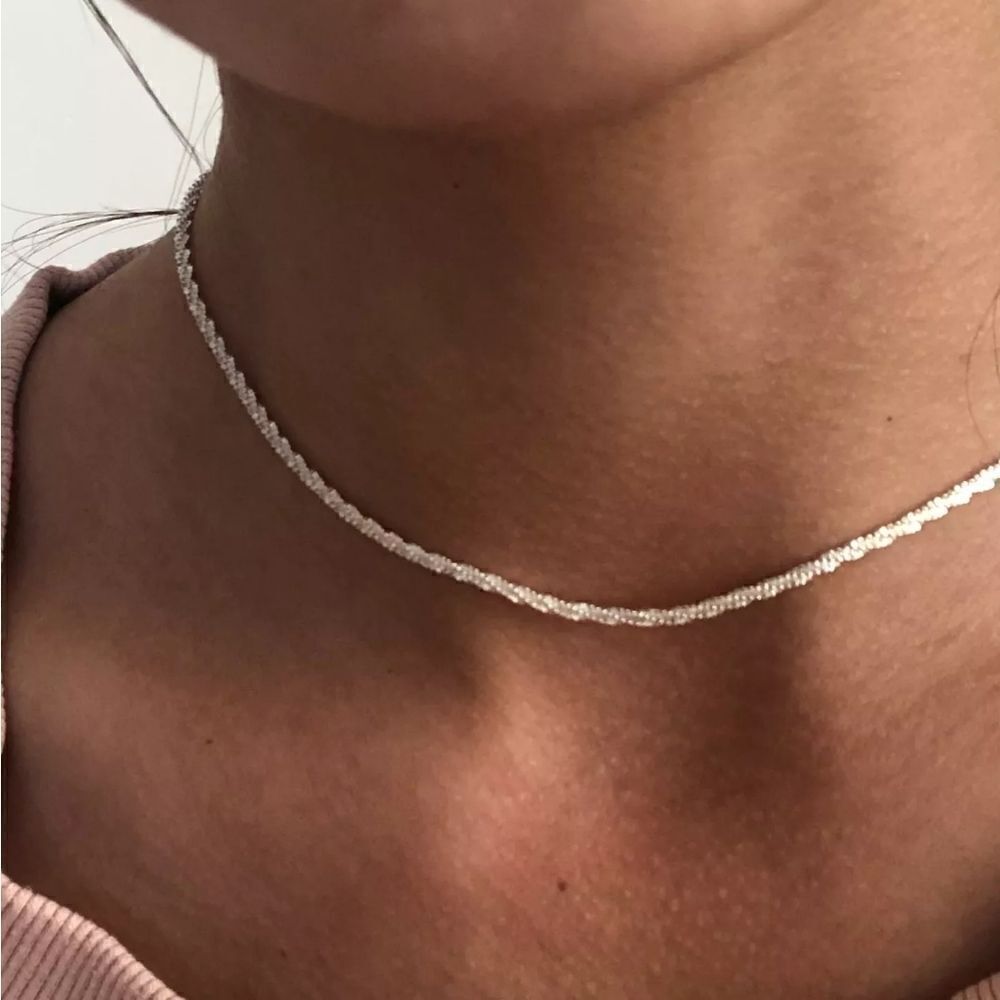 Silver Single Strand Choker Twist Chain Necklace - Picture 5 of 14